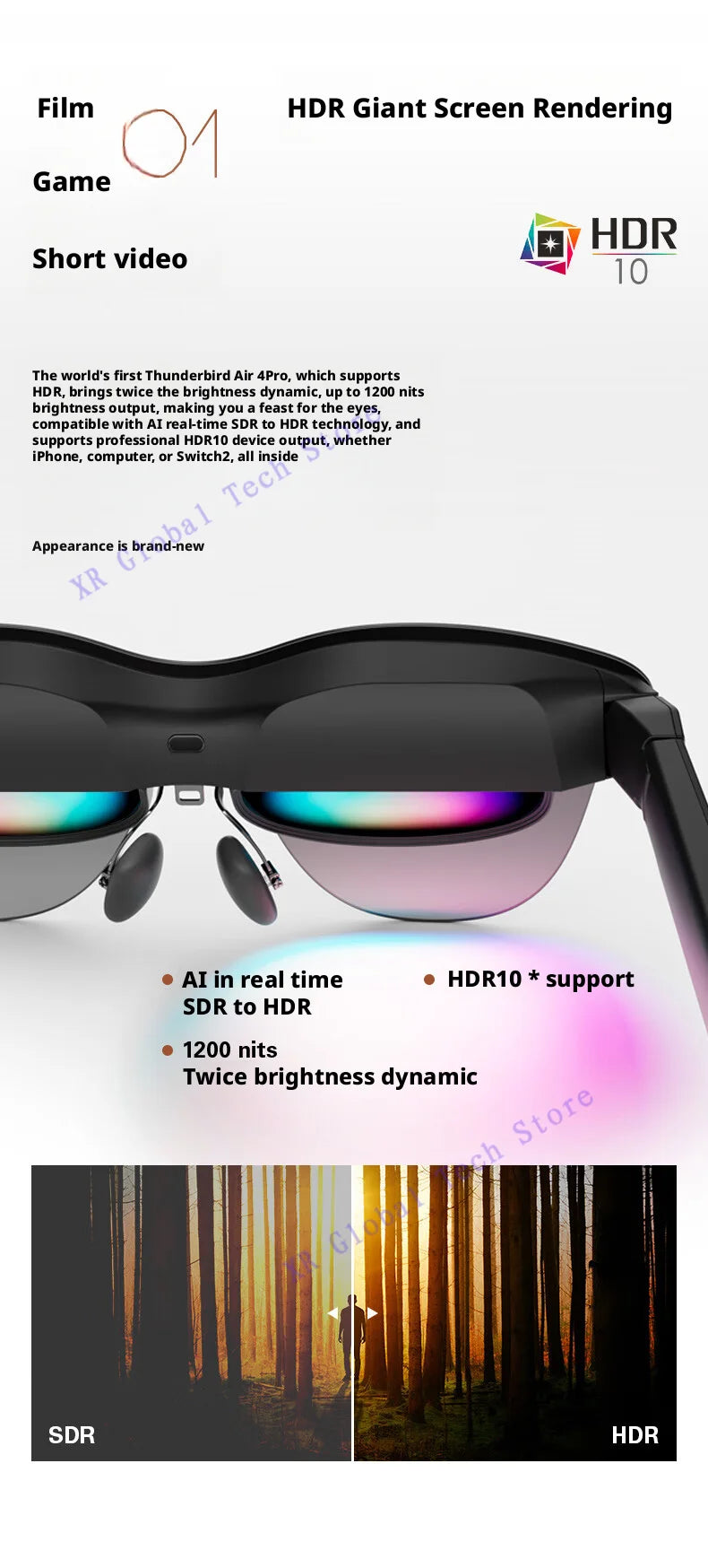 RayNeo Air 4 Pro smart AR glasses,Supports HDR10, 3840Hz, 4 speakers, 1200 nits,Micro-OLED dual-layer screen, clearer