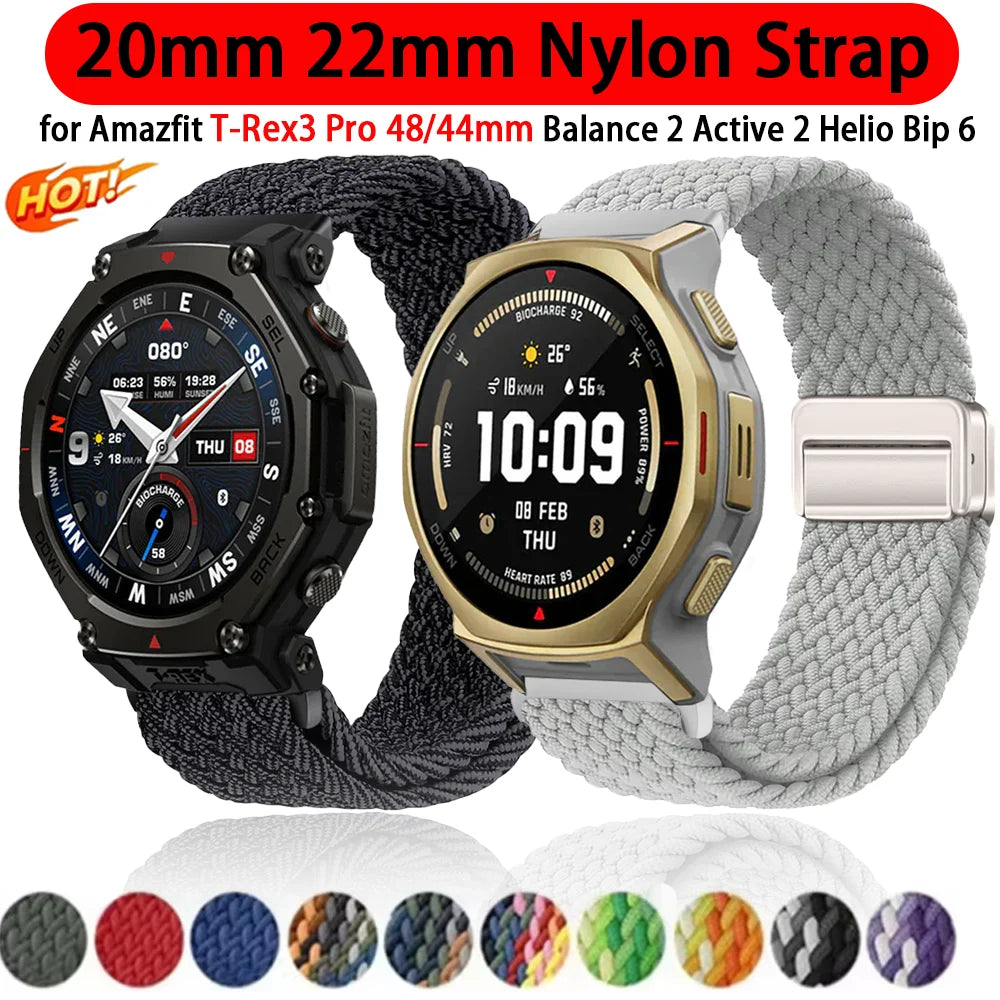 20mm 22mm Nylon Strap for Amazfit T-Rex3 Pro 48/44mm Helio Balance 2 Magnetic Buckle Bracelet Amazfit Active 2 Bip 6 5 Wristband