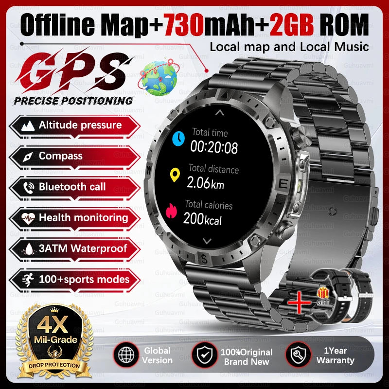 2026 Outdoor GPS Smart Watch Men 2GB ROM Offline Map 730mAh Battery 3ATM Waterproof Compass Altimeter Health Monitor Smartwatch
