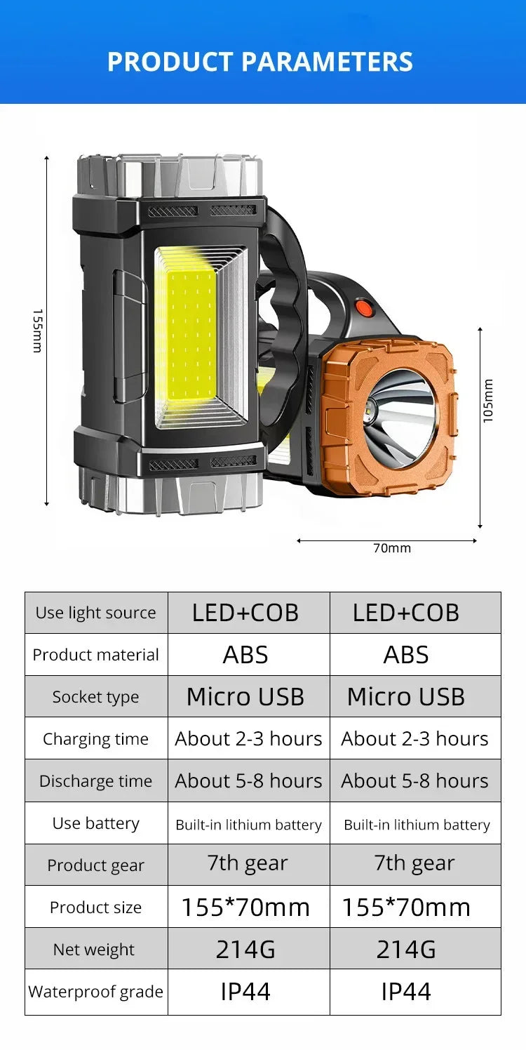 2024 Powerful LED Flashlight USB+Solar Rechargeable Flashlight COB Outdoor Camping Torch Portable Searchlight Power Bank Outdoor