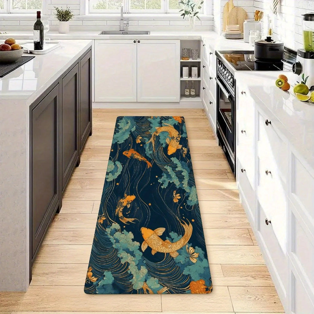 Japanese Koi Fish Kitchen Runner Rug, Non-Slip Washable Floor Mat with Ocean Wave Art Print for Kitchen, Bedroom, Bathroom Area