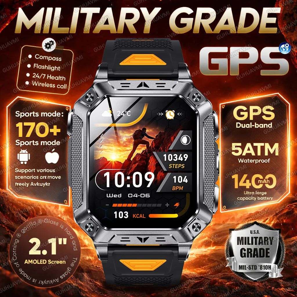 2026 New Military Grade 1400mAh Battery Smart Watch GPS Tracks 5ATMWaterproof Flashlight Heart Rate 2.1" Durable Smartwatch Men