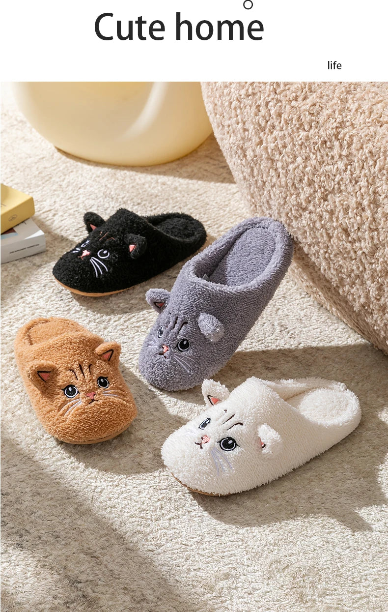 Cute Cat Design Plush Ladies Slippers Autumn And Winter Indoor Floor Non-Slip Soft Bottom Comfortable Warm Home Shoes for Unisex