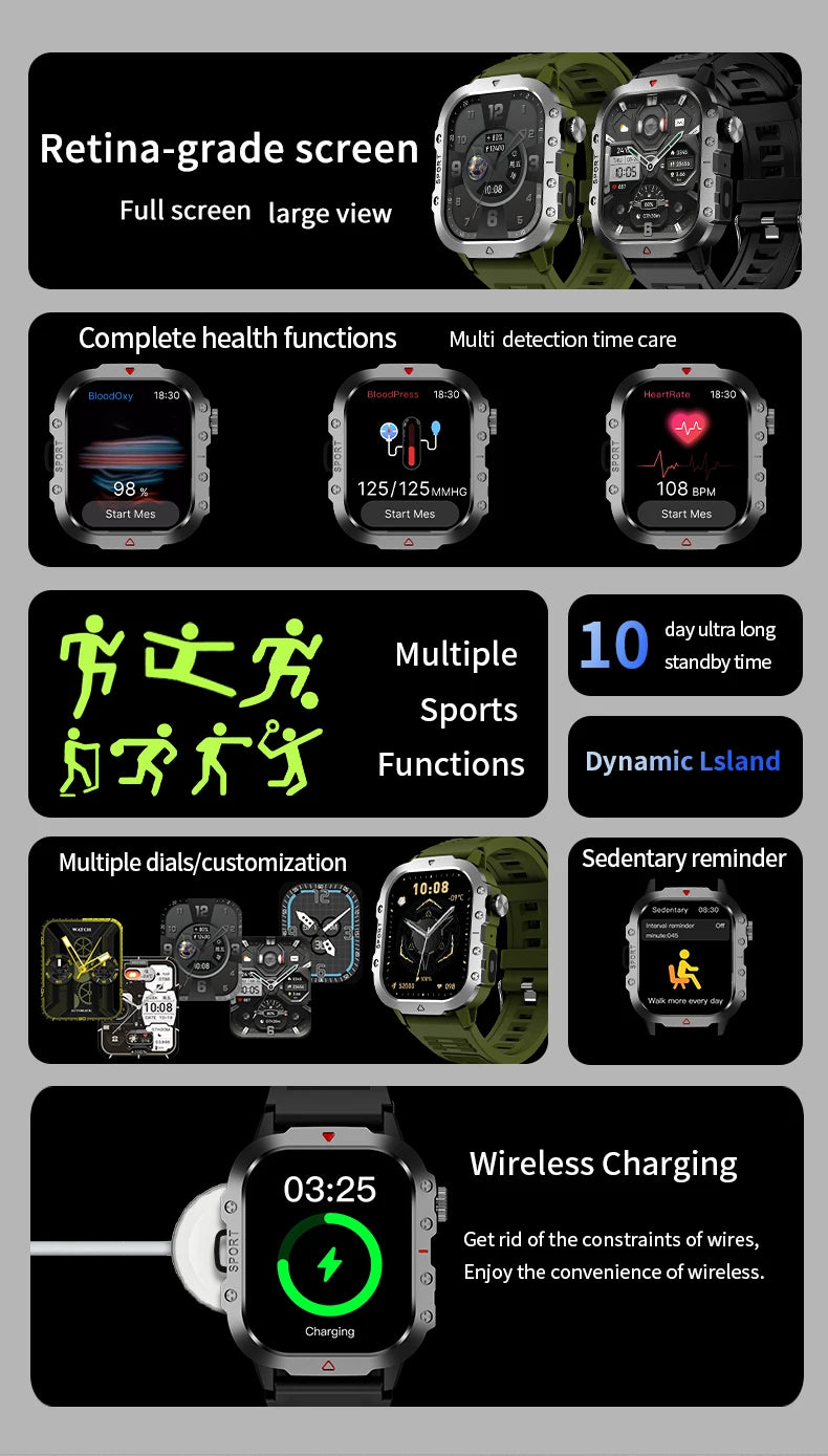 G.L Wear New Military Smart Watch Men Outdoor Sports Fitness Tracker Health Monitor 2.19 inch Bluetooth Talk Smart Watch