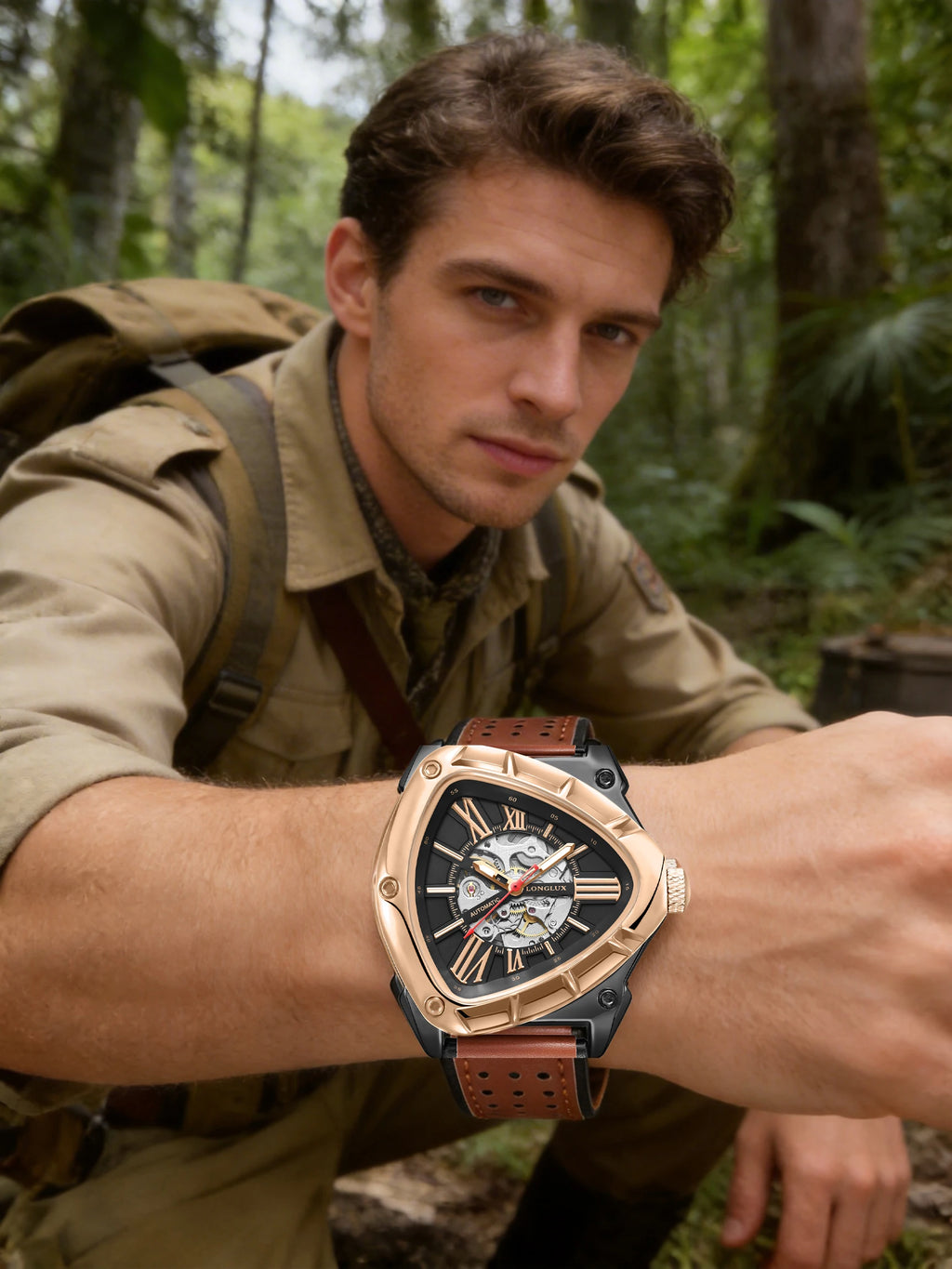 Men automatic watch explore outdoors style mechanical watches retro triangle skeleton leather waterproof luminous mens watch