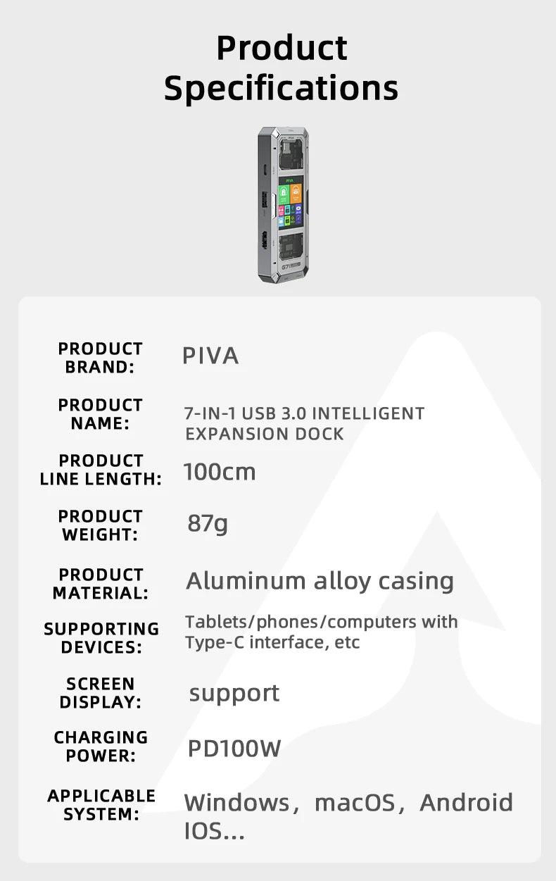 PIVA G71 7 in 1 Aluminum Alloy Office Docking Station Smart Screen Display Type-C to HDMI2.0 USB3.0 HUB PD100W Adapter