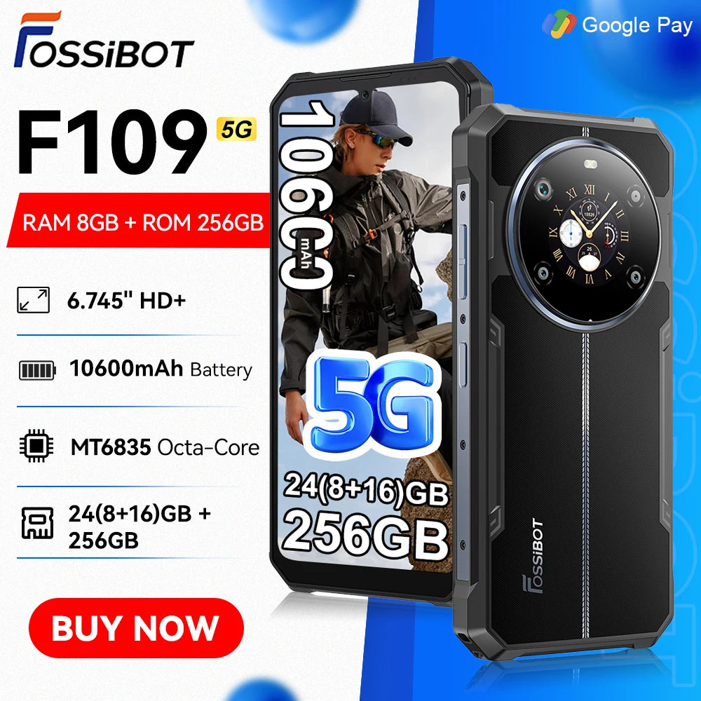Fossibot F109 Smartphone 8GB 256GB 5G Rugged Phone 10600mAh 6.745" Display 50MP Camra Dual Screen Face Unlock Android 14 NFC