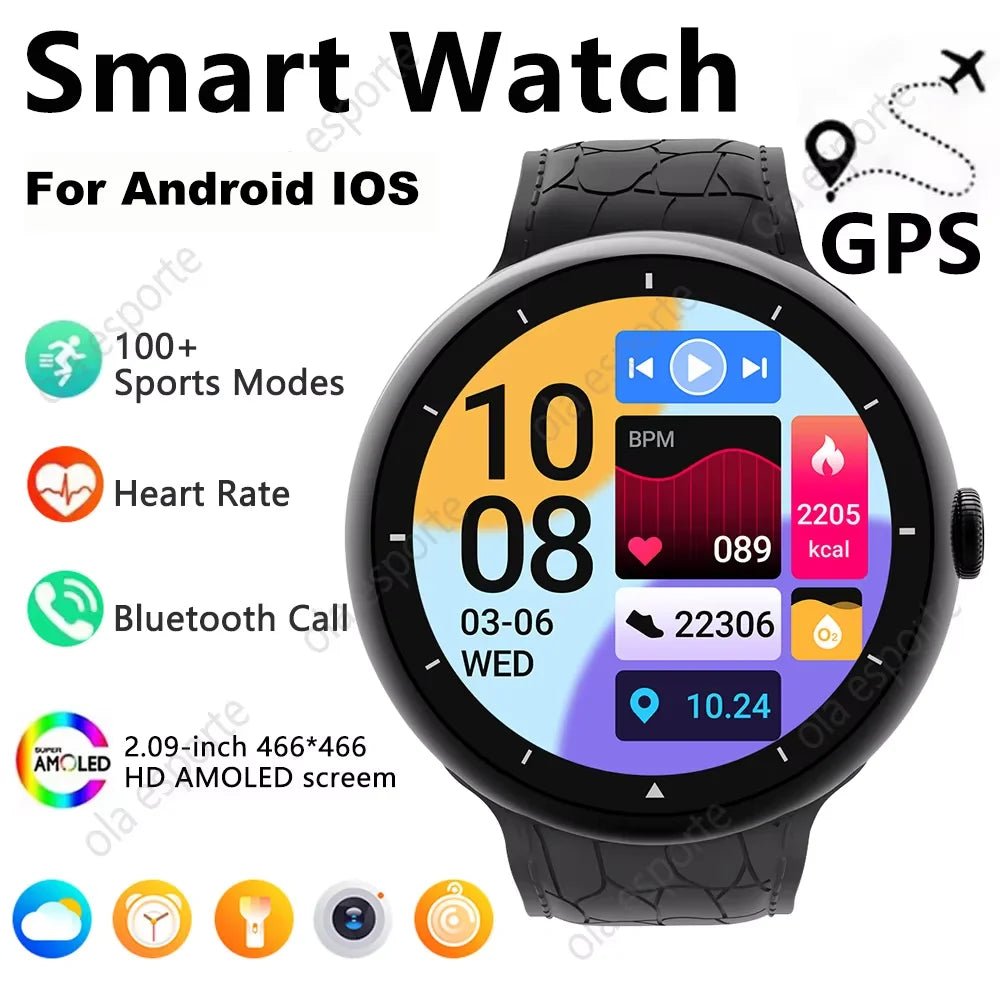 Smart Watch 2.09-inch AMOLED Screen Bluetooth Call Compass Tracker Men Sports Watches Health Monitor Women Smartwatch Waterproof