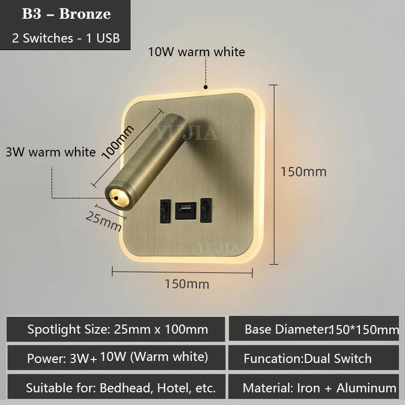 Contemporary Multifunctional LED Wall Sconce with Switch Modern Adjustable Reading Lamp USB Charging Ports for Bedrooms Offices