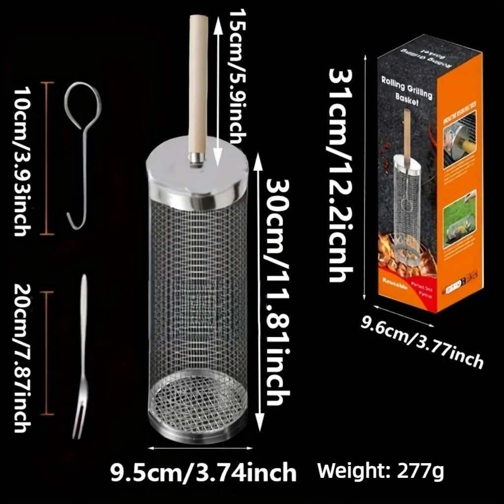 Wooden handle rolling barbecue cage, outdoor BBQ grill basket, 304 stainless steel barbecue tube, barbecue net,Free shipping
