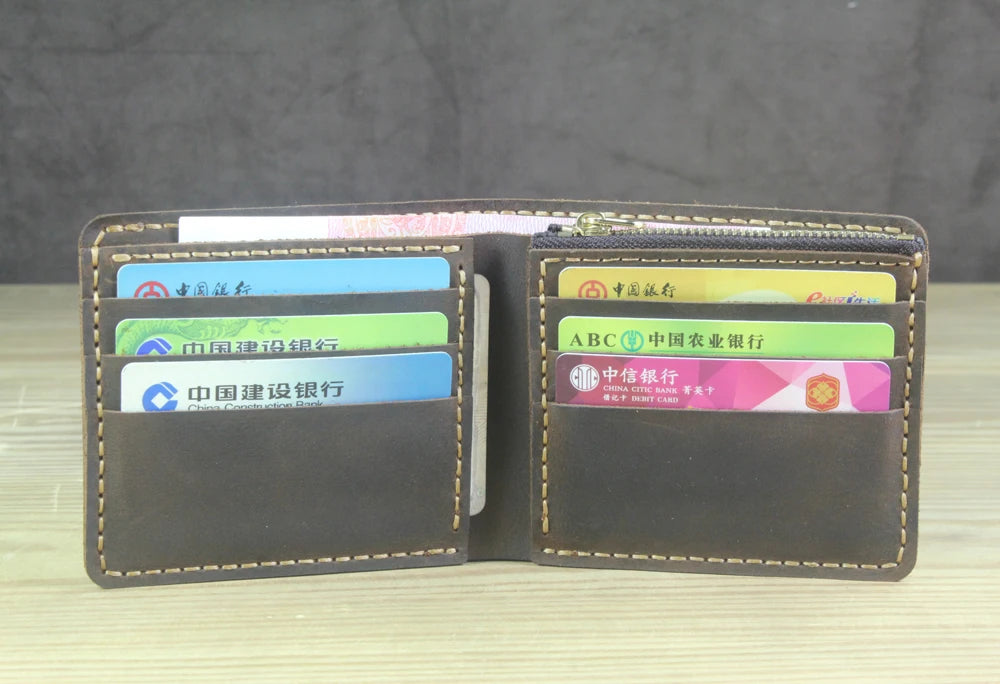 Luxury Handmade Genuine Leather Men Wallet Bifold Purse Male Wallets Short Money Clip Vintage Leather Money Bag with zip pocket