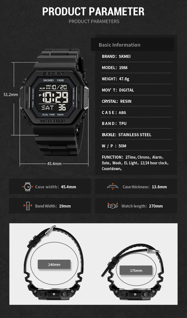 SKMEI 1988 Chrono Men Watch Luxury Brand Sport Watch Electronic Digital Male Wrist Clock Man 50M Waterproof Men's Watches 1988