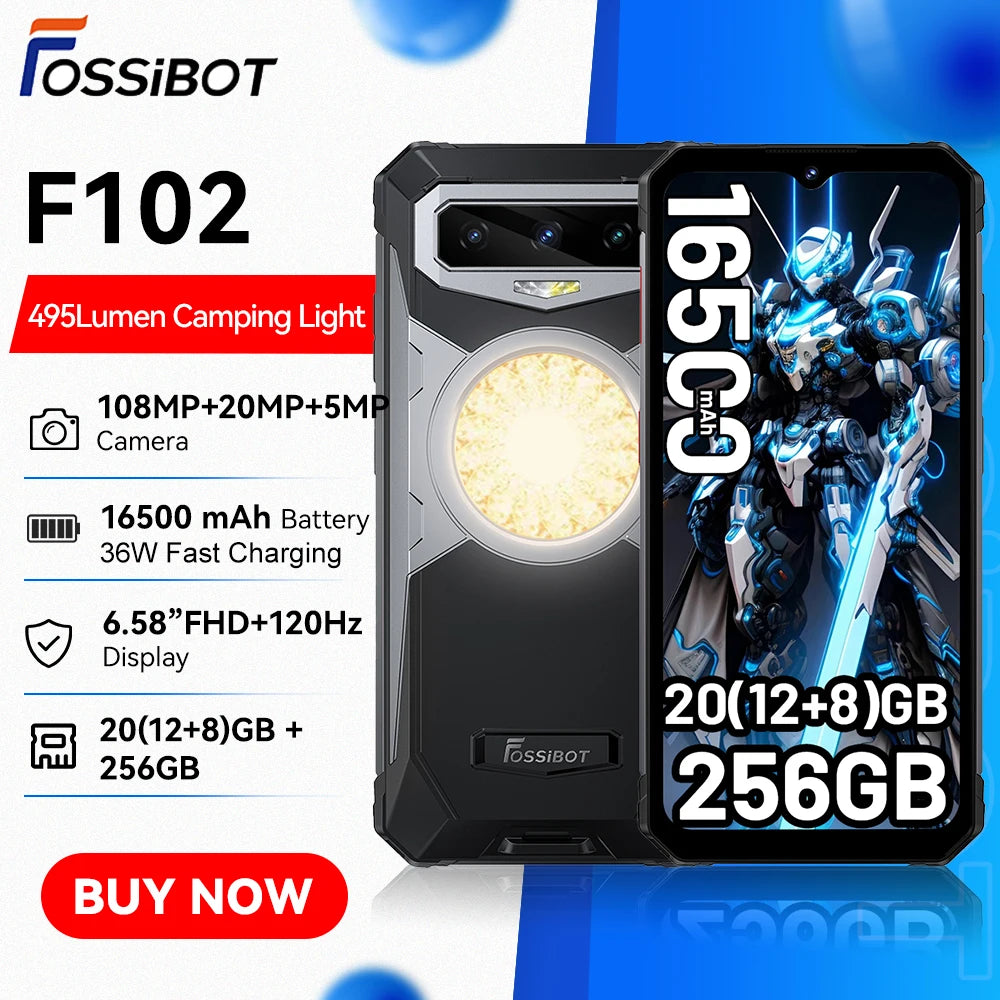 FOSSiBOT F102 Rugged Smartphone 12GB 256GB 16500mAh Battery 6.58'' FHD+ 120Hz Screen 108MP Camera [F102-Phone]