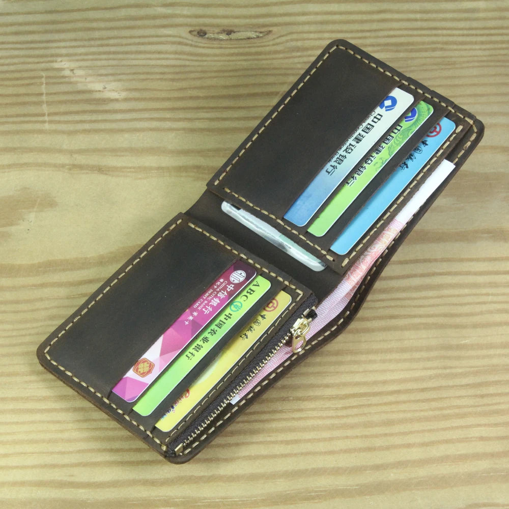 Luxury Handmade Genuine Leather Men Wallet Bifold Purse Male Wallets Short Money Clip Vintage Leather Money Bag with zip pocket