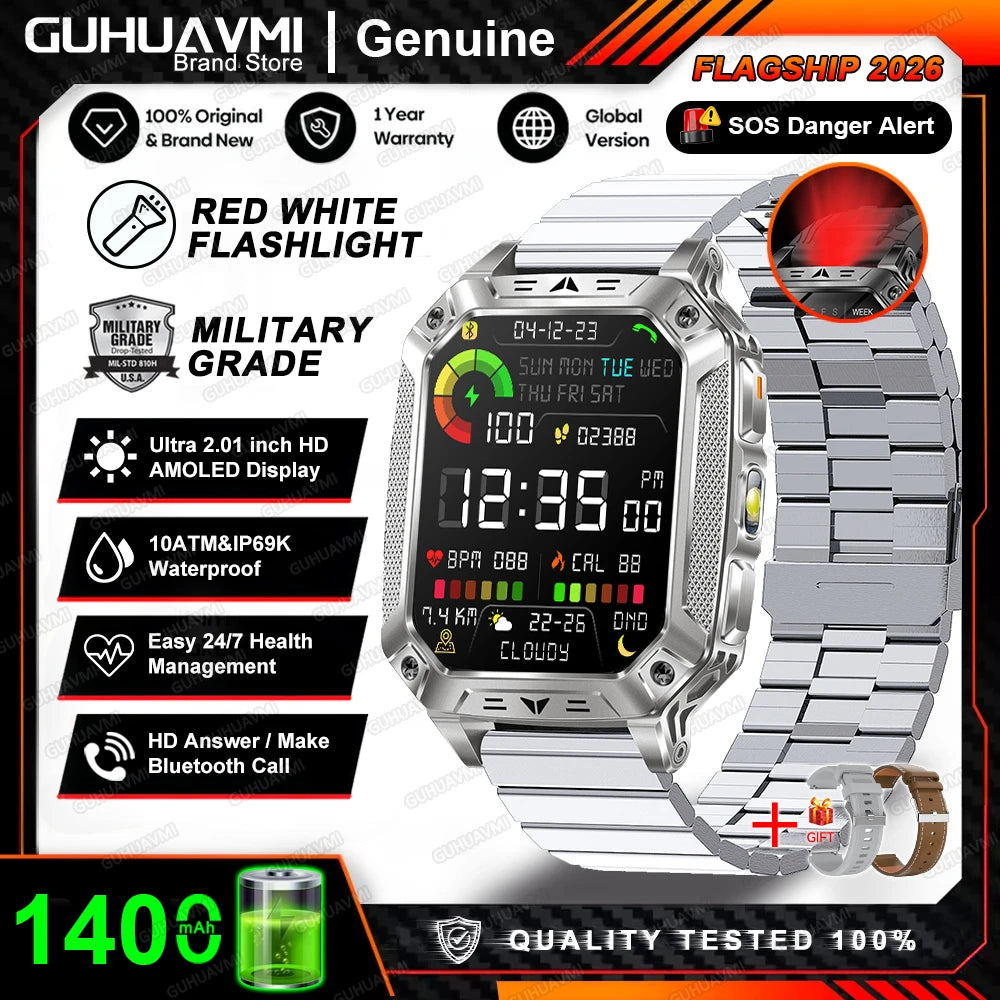 2026 New Military Grade 1400mAh Battery Smart Watch GPS Tracks 5ATMWaterproof Flashlight Heart Rate 2.1" Durable Smartwatch Men