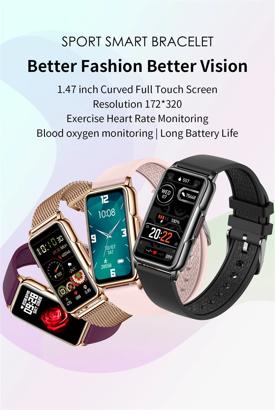 Smart Bracelet Women Smartwatch Men Heart Rate Blood Oxygen Waterproof Sport Fitness Smart Band Watch Call Reminder Ladies+Gift