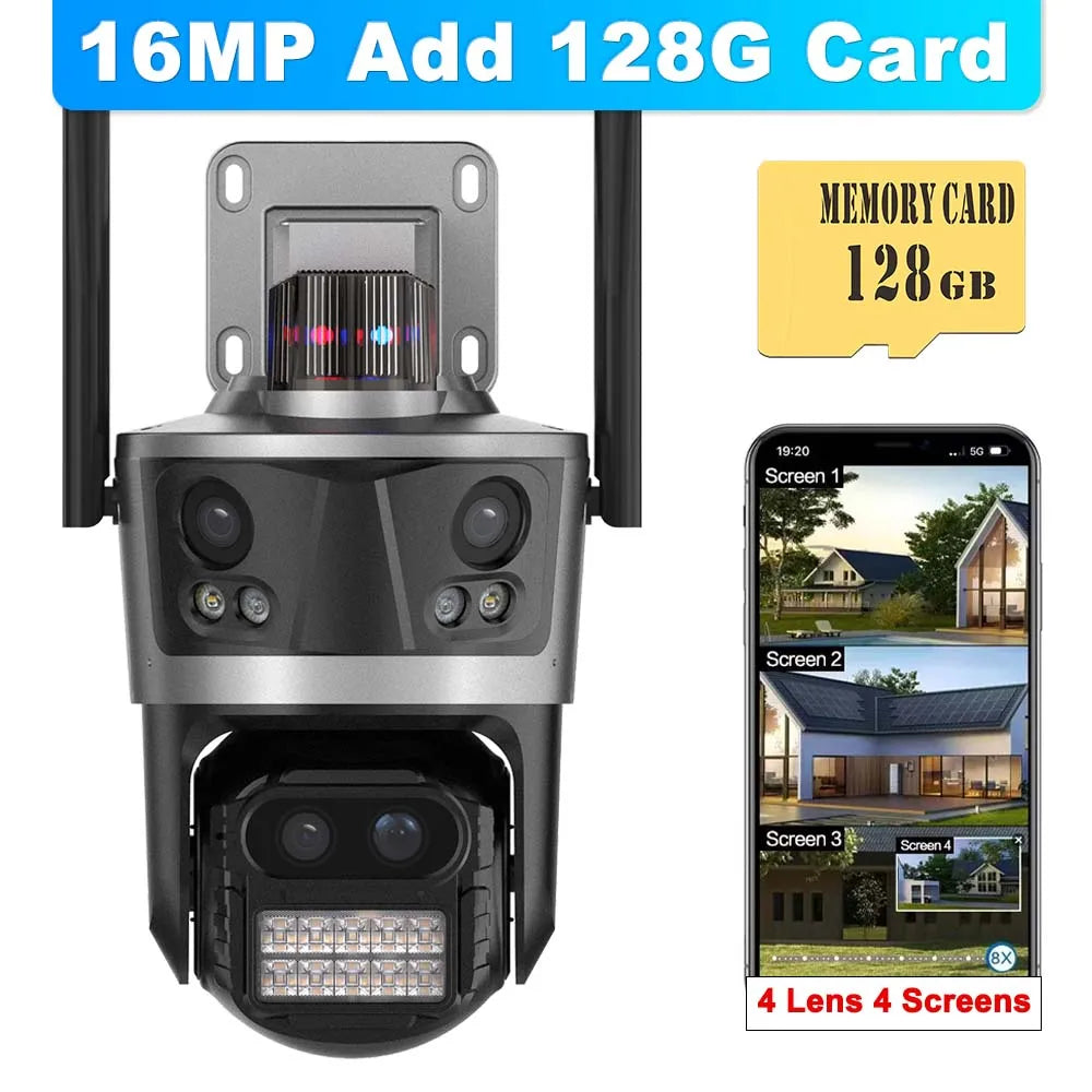 8K 16MP WiFi IP Camera 8X Zoom Four Lens Outdoor PTZ Security Camera Auto Tracking Smart Security Protection CCTV Video Camera
