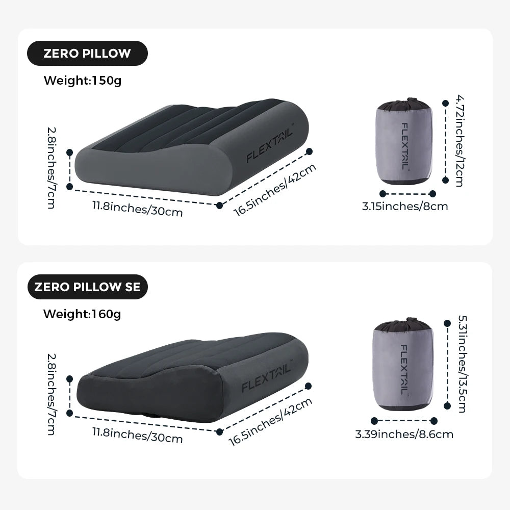 FLEXTAIL ZERO PILLOW&ZERO PILLOW SE - Camping Pillow, Inflatable Pillow with Elastic Strap, Ergonomic Design,Two Height Options