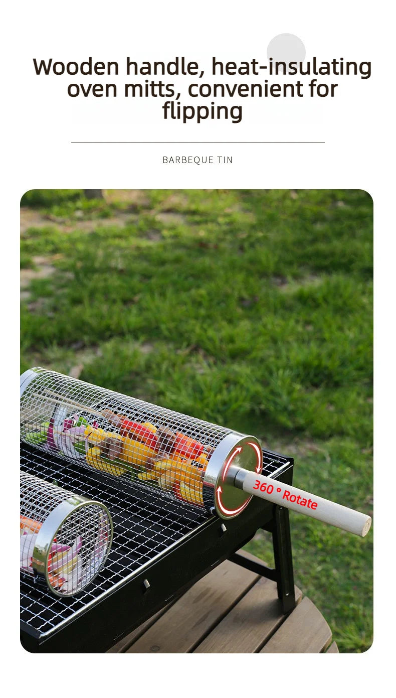 Wooden handle rolling barbecue cage, outdoor BBQ grill basket, 304 stainless steel barbecue tube, barbecue net,Free shipping