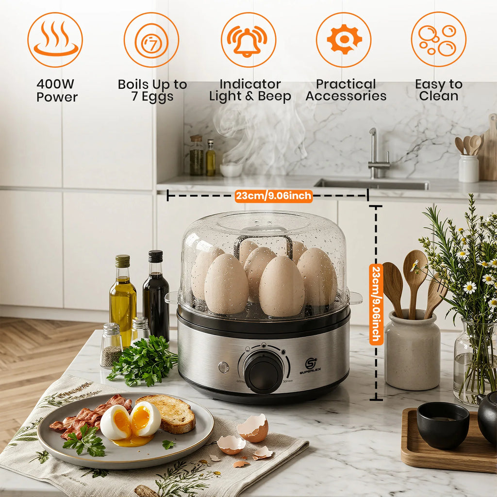 SUPERLEX 400W Power Eggs Cooker 7-Egg Capacity Dial Control Smart Shut-Off Reminder Rapid Egg Boiler Easy to Clean and Safer New