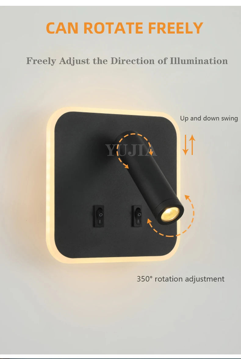 Contemporary Multifunctional LED Wall Sconce with Switch Modern Adjustable Reading Lamp USB Charging Ports for Bedrooms Offices