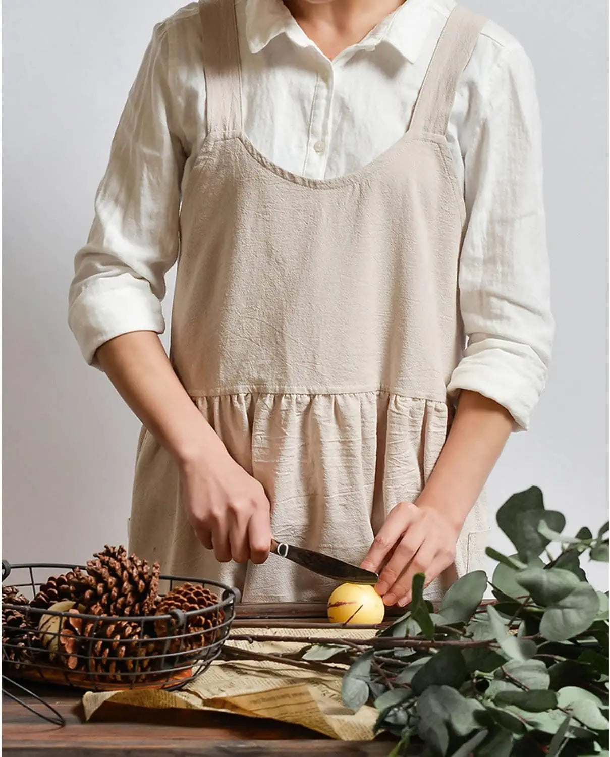 Cotton Linen Cross Back Apron for Women with Pockets - Breathable Chef Work Bib Apron for Kitchen Cooking & Gardening