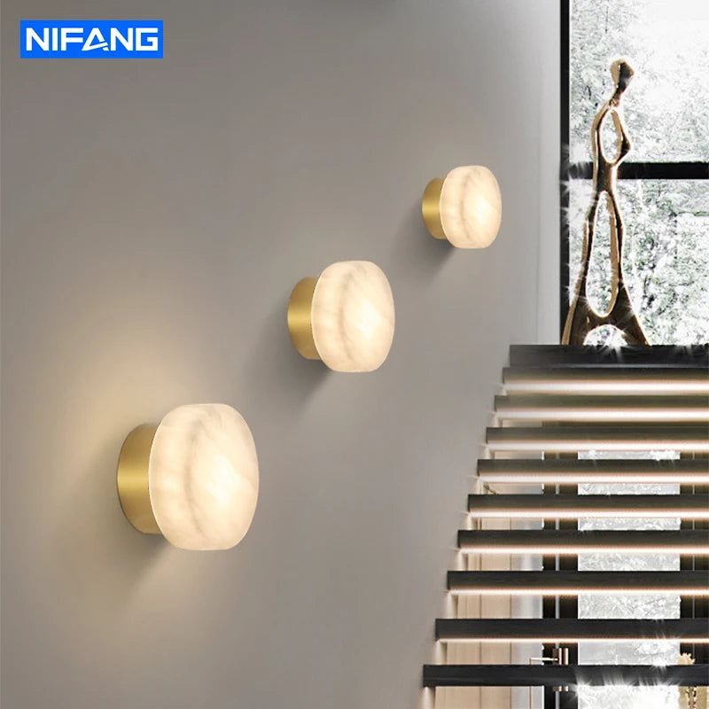 Modern Nordic Wall Sconce Spanish Natural Marble Round Wall Lamp Living Room Hallway Stair Wall Light Bedroom Bedside Lamp