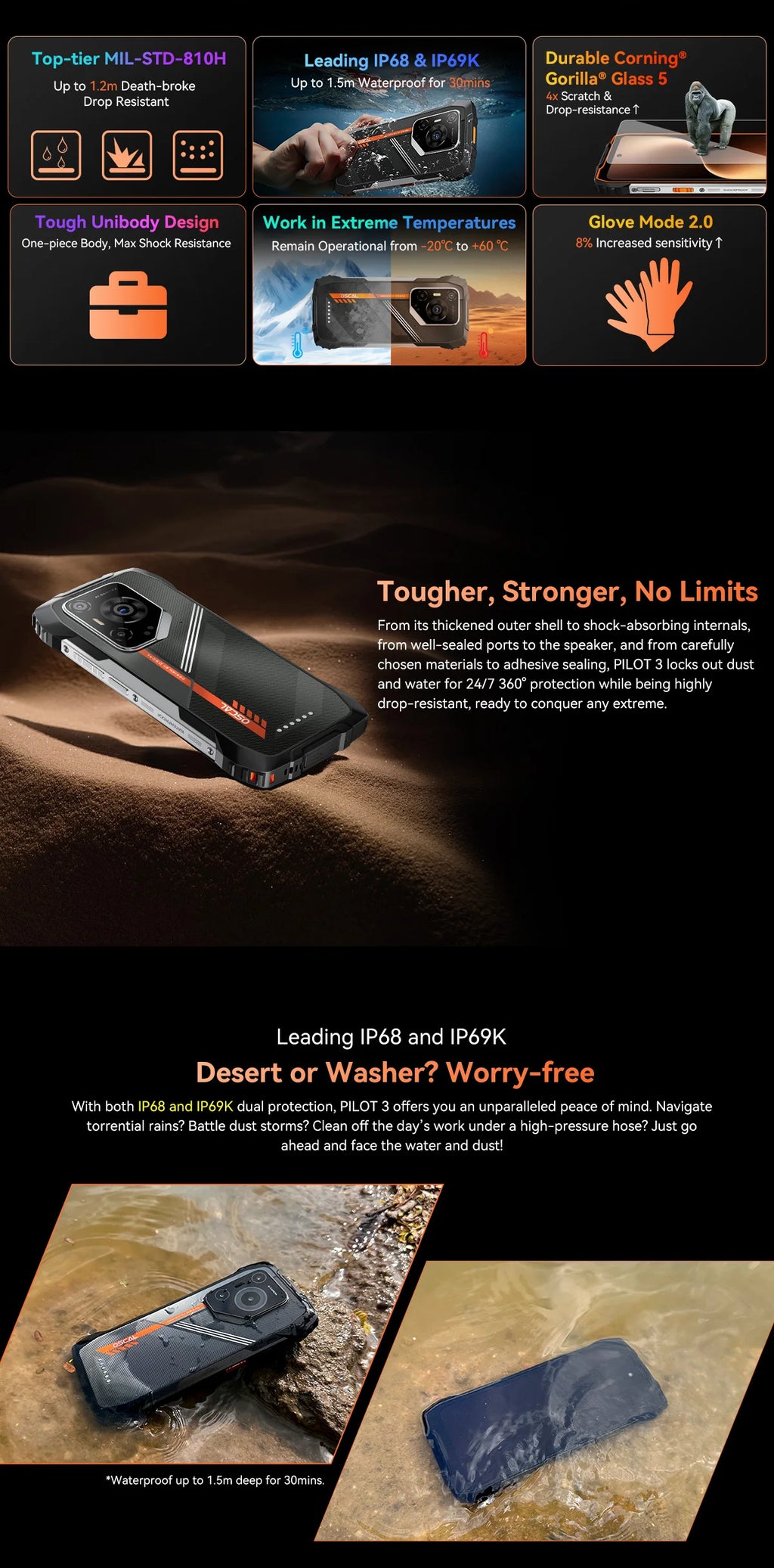 OSCAL PILOT 3 5G AI Rugged Smartphone, MTK Dimensity 6300, 6.78" FHD 2.4K Display 120Hz, 36(12+24) GB RAM 256GB/2TB ROM, 7500Amh