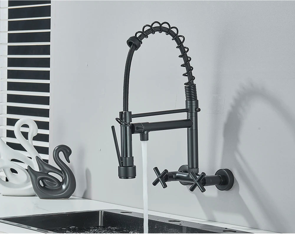 Gold Black Kitchen Faucet Wall Mount Pull Down Tap Vessel Sink Hot Cold Water Mixer Tap Spring Dual Swivel Spouts Sink Crane