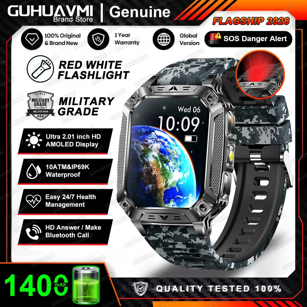 2026 New Military Grade 1400mAh Battery Smart Watch GPS Tracks 5ATMWaterproof Flashlight Heart Rate 2.1" Durable Smartwatch Men