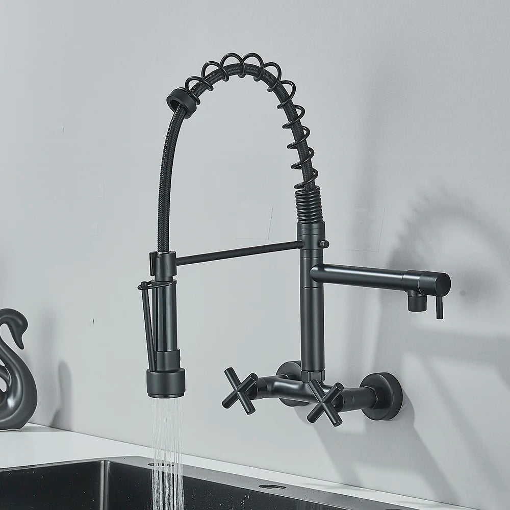 Gold Black Kitchen Faucet Wall Mount Pull Down Tap Vessel Sink Hot Cold Water Mixer Tap Spring Dual Swivel Spouts Sink Crane