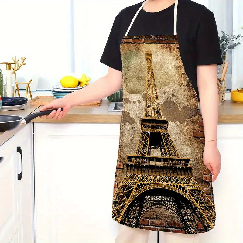 1 piece vintage iron tower print apron, household kitchen cooking/durable cleaning work apron party and holiday decorative apron