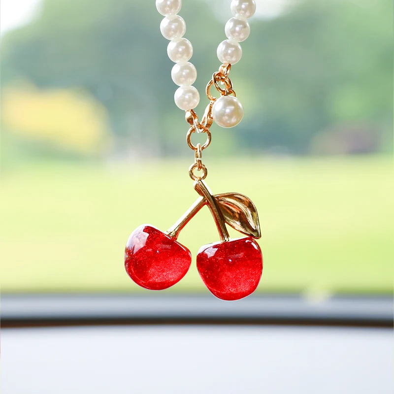 Cute fruit cherry car pendant, exquisite cherry car decoration, creative car rearview mirror hanging accessory