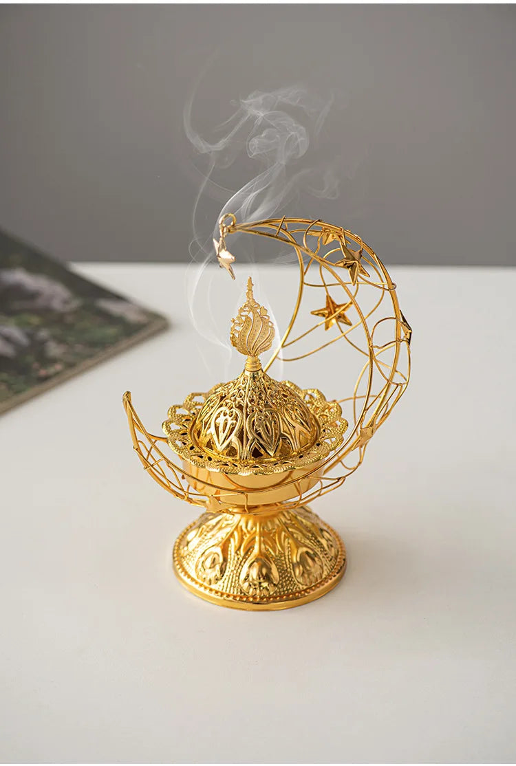 Middle Eastern Hand-held Crescent Metal Incense Burner Golden Living Room Tabletop Incense Burners Arabic Ornament