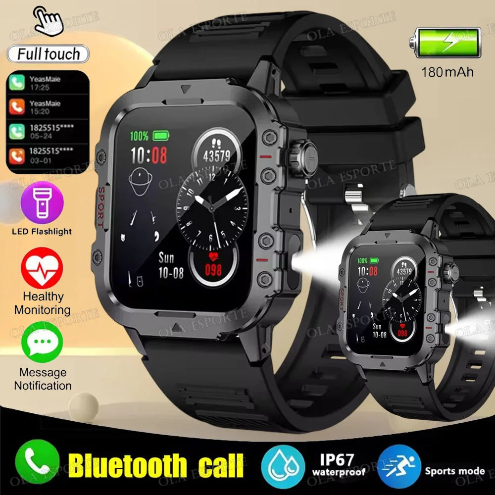 2025 New Flashlight Military Smart Watch Men IP68 5ATM Outdoor Sports Fitness Tracker Health Monitor 1.44Inch BT Call Smartwatch