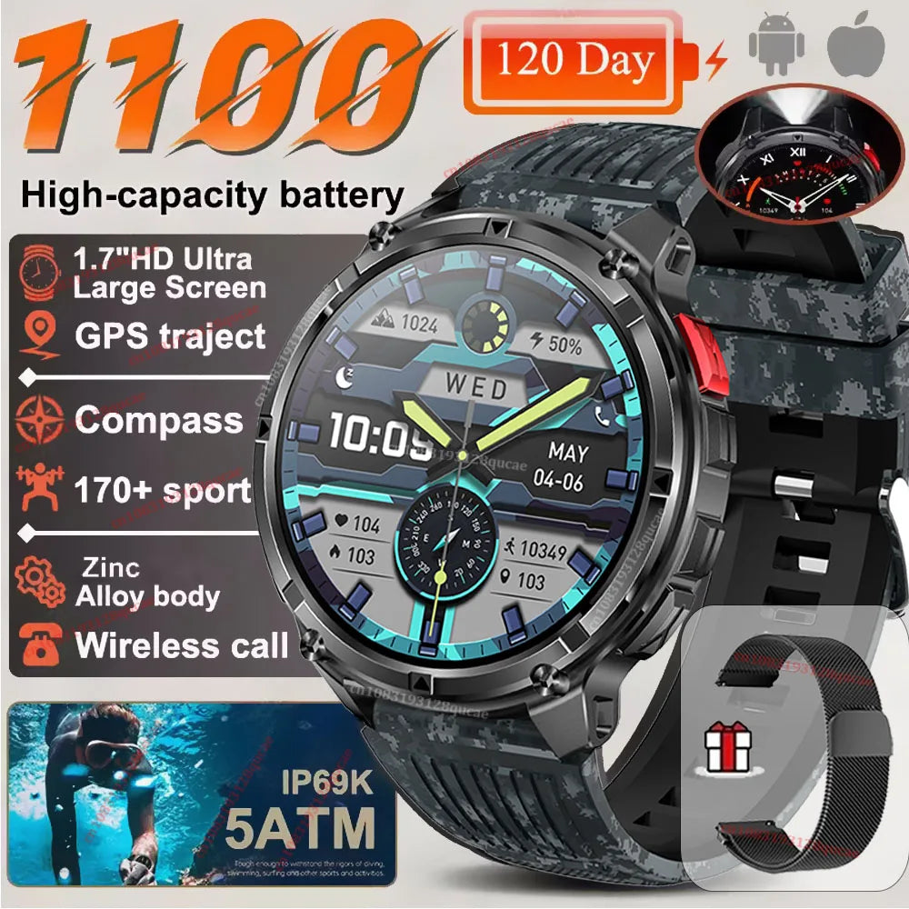 2026 New 1100mAh 1.7 Inch Smart Watch GPS path 5ATM Waterproof Sports Run Hiking Outdoors Compass Flashlight Military Smartwatch