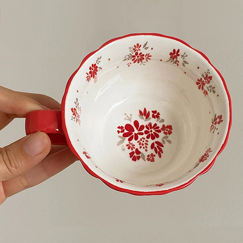 Vintage red floral underglaze relief lace ceramic coffee cup