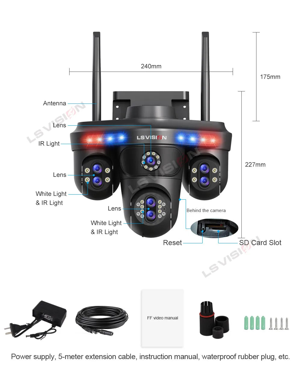 LS VISION 4 Screens 10X Zoom WiFi IP Camera 7Lens 35MP Outdoor Surveillance Camera 360 PTZ Auto Tracking Waterproof CCTV Cameras