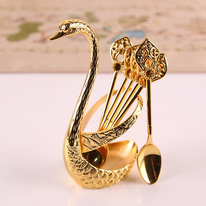Ice Cream Cake Coffee Tea Stirring Spoons Dessert Swan Holder Cutlery Spoons Set Cutlery Kitchen Tableware 1 Set of 7 Pieces