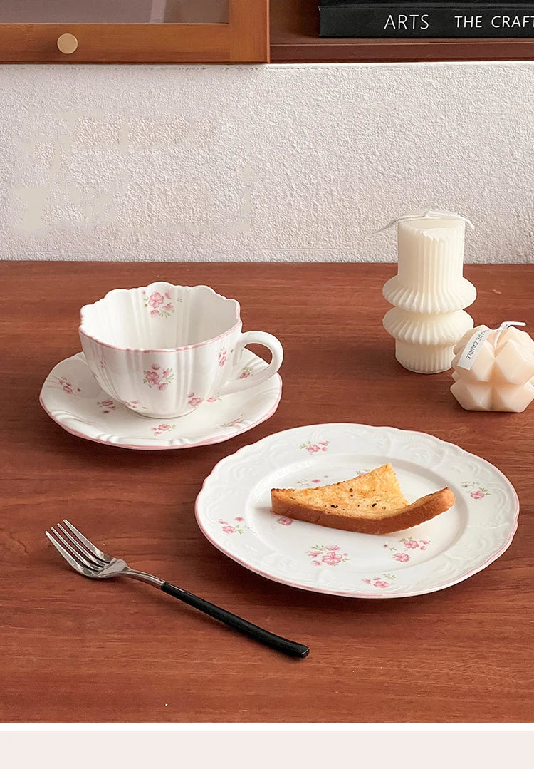 European Pink Cherry Blossoms Mugs Porcelain Cup&saucer Tableware Coffee Mug Dining Table Afternoon Tea Teacup Fruits Juice Cup
