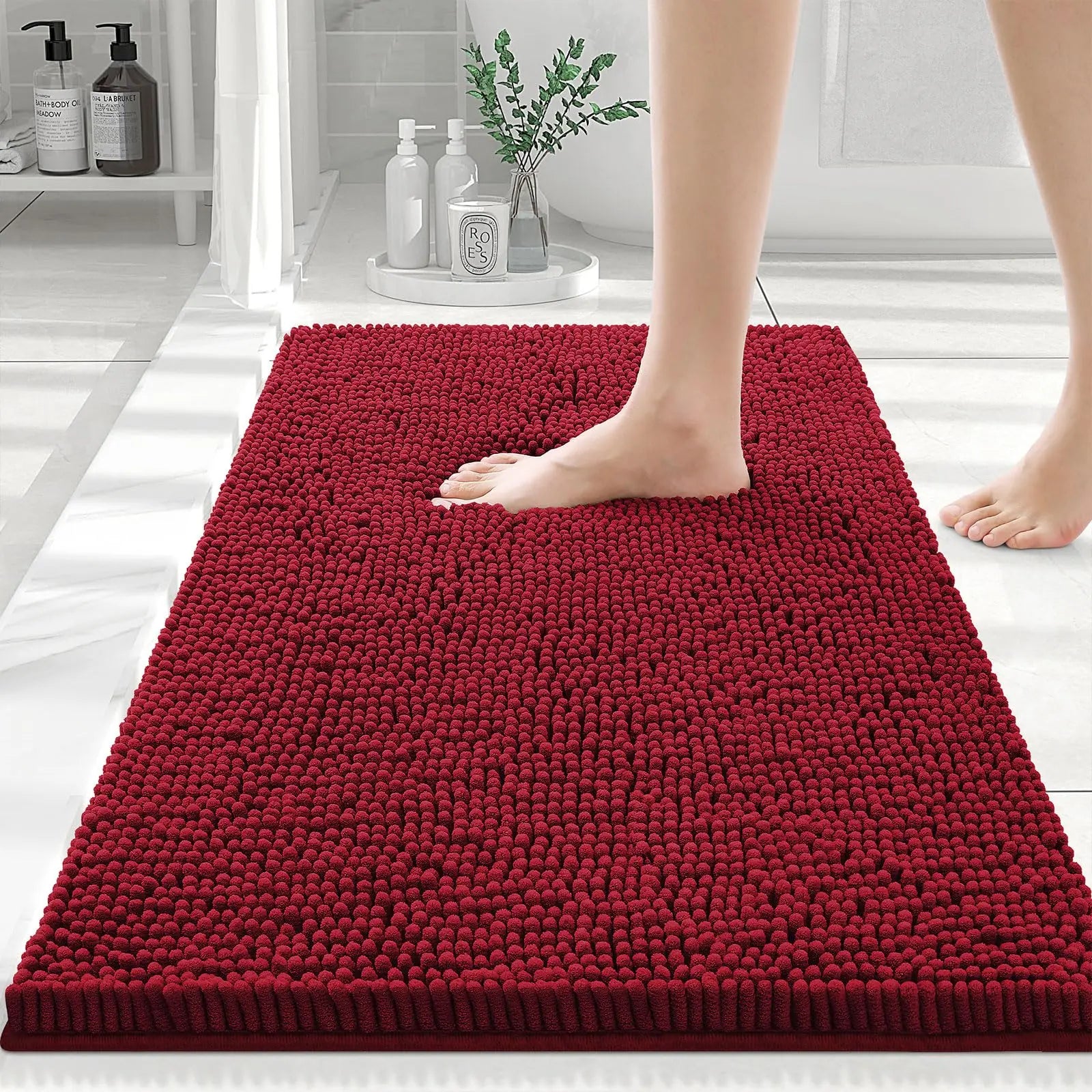 Olanly Chenille Bath Mat Fashion Non-Slips Soft Fluffy Bath Mats For Bathroom Super Absorbent Floor Mats Washable Bathroom Mat