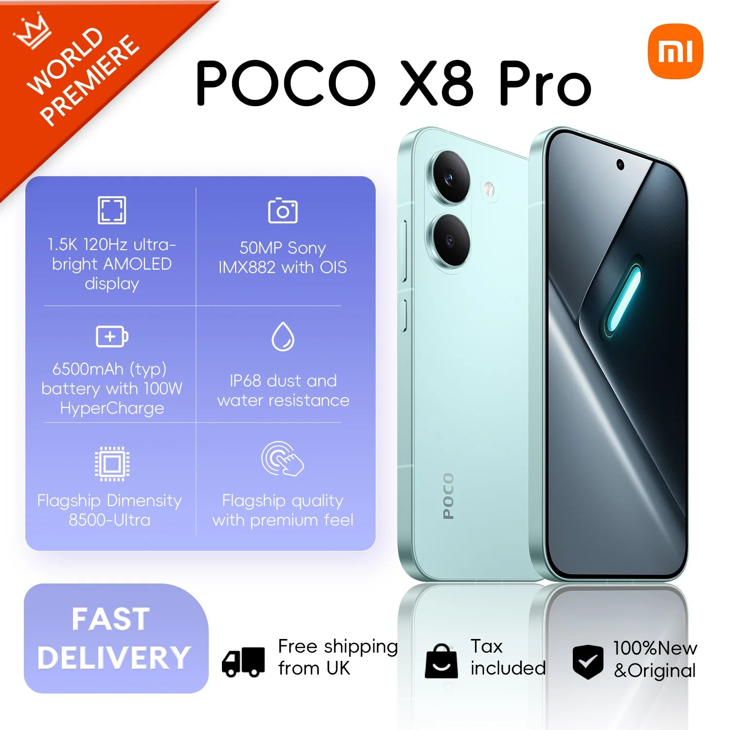 POCO X8 Pro 5G 8+512GB Global Version 6.59" 1.5K 120Hz Display Dimensity 8500-Ultra 50MP Camera 6500mAh 100W HyperCharge IP68