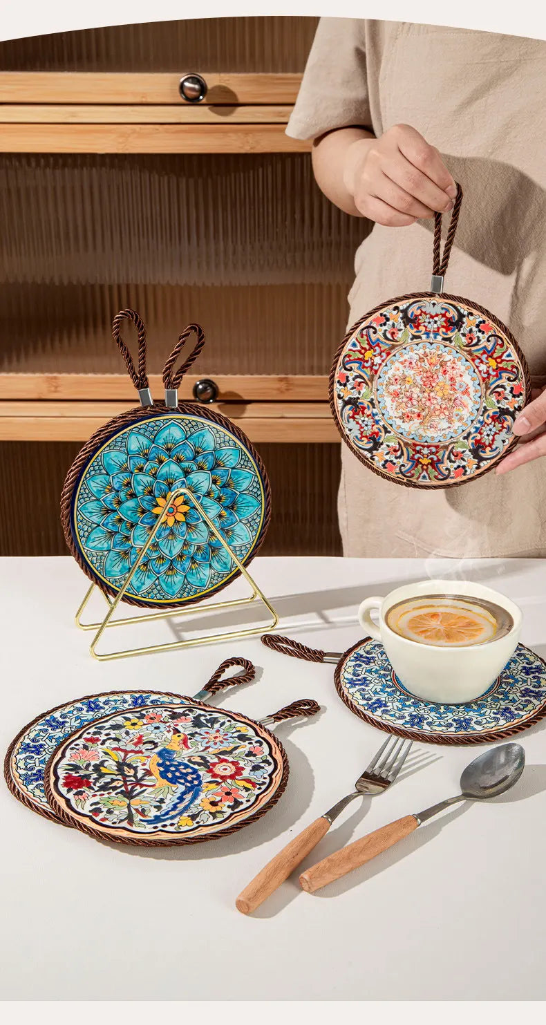 HeMu Bohemian Style Ceramic Pot Holders,Mandala Pattern Heat Resistant Trivets,Hanging Kitchen Coasters with Rope for Hot Dishes
