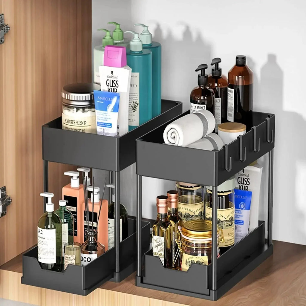 2 Tier Under Sink Sliding Cabinet Basket Organizer Storage Rack with Hooks Hanging Cup Bathroom Multifunctional Storage Rack