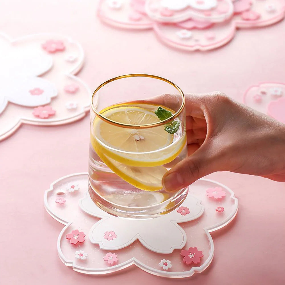 Cherry Blossom Silicone Cup Coaster Non-Slip Heat Insulation Mat for Coffee Tea Mug Cute Desktop Decorate Kitchen Table Placemat