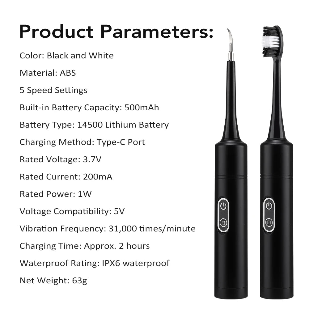 Electric Teeth Cleaner 6-gear Modes Portable Toothbrush Tartar Remover High Frequency Vibration Tartar Cleaning Whitening Teeth