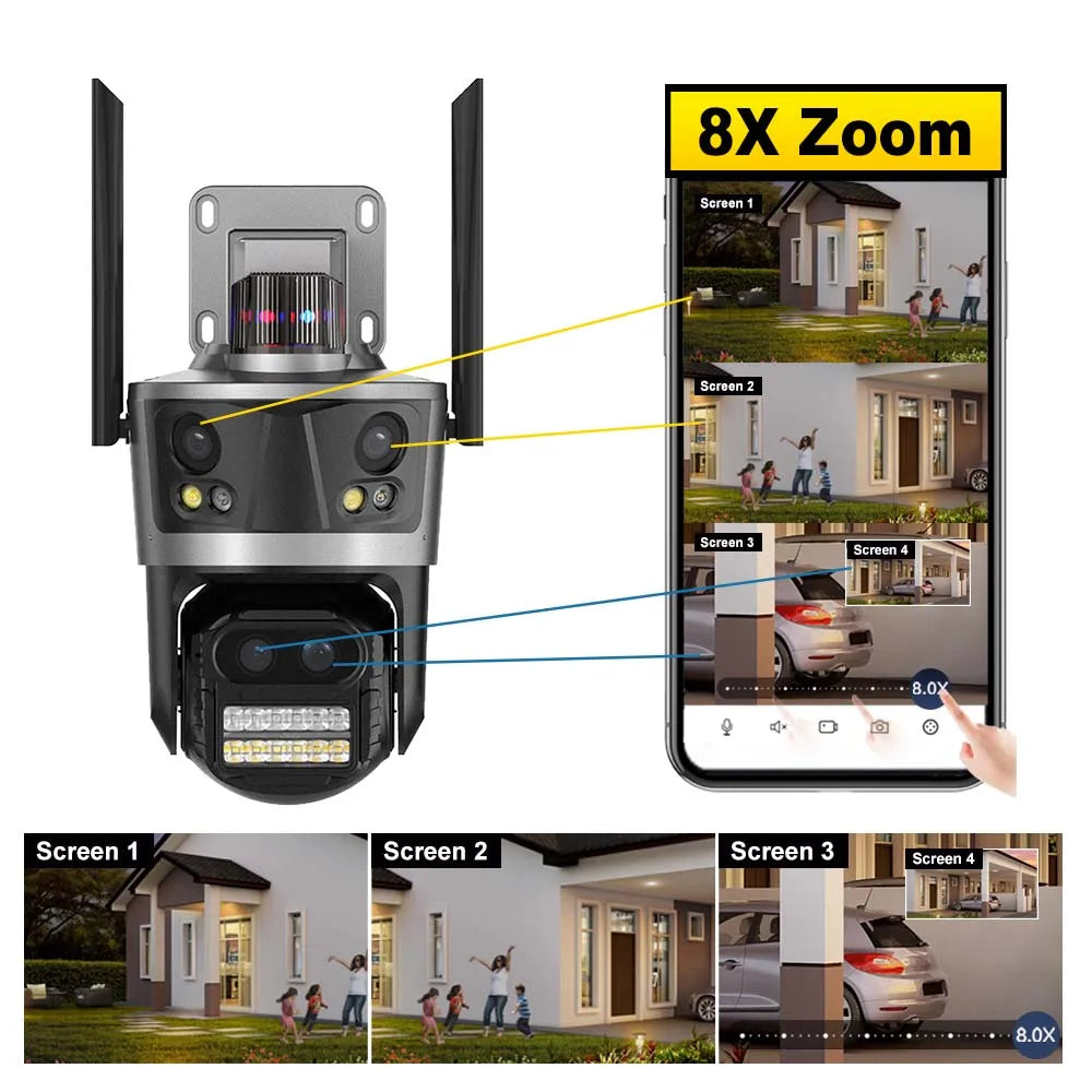 8K 16MP WiFi IP Camera 8X Zoom Four Lens Outdoor PTZ Security Camera Auto Tracking Smart Security Protection CCTV Video Camera