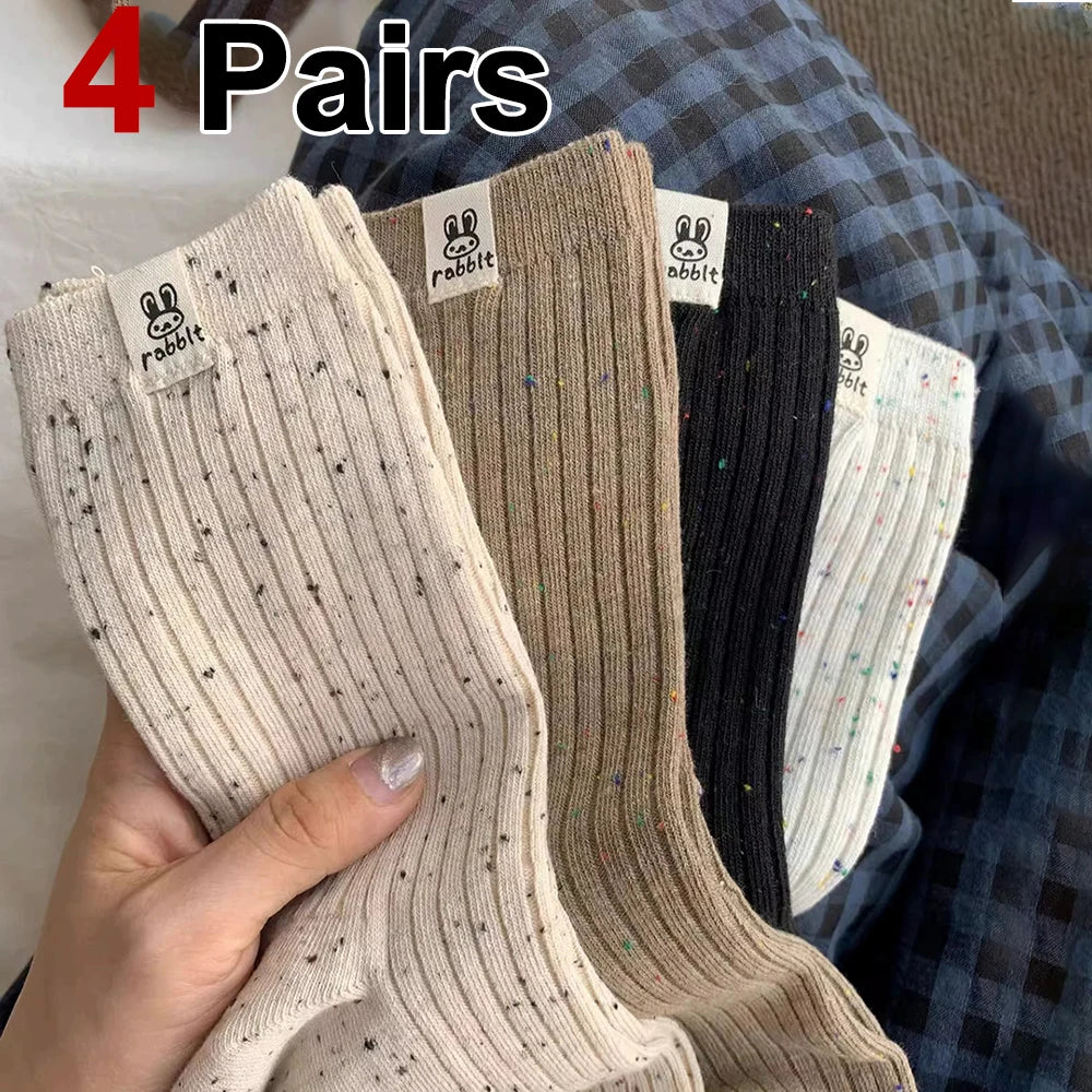 4 Pairs Women Cartoon Print Mid Tube Socks Fashionable Spring Summer Sweat Absorbing Breathable Soft Comfortable Casual Socks