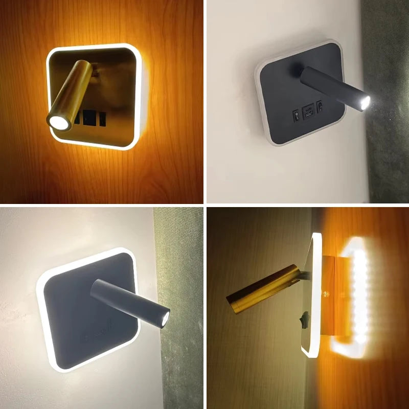 Contemporary Multifunctional LED Wall Sconce with Switch Modern Adjustable Reading Lamp USB Charging Ports for Bedrooms Offices