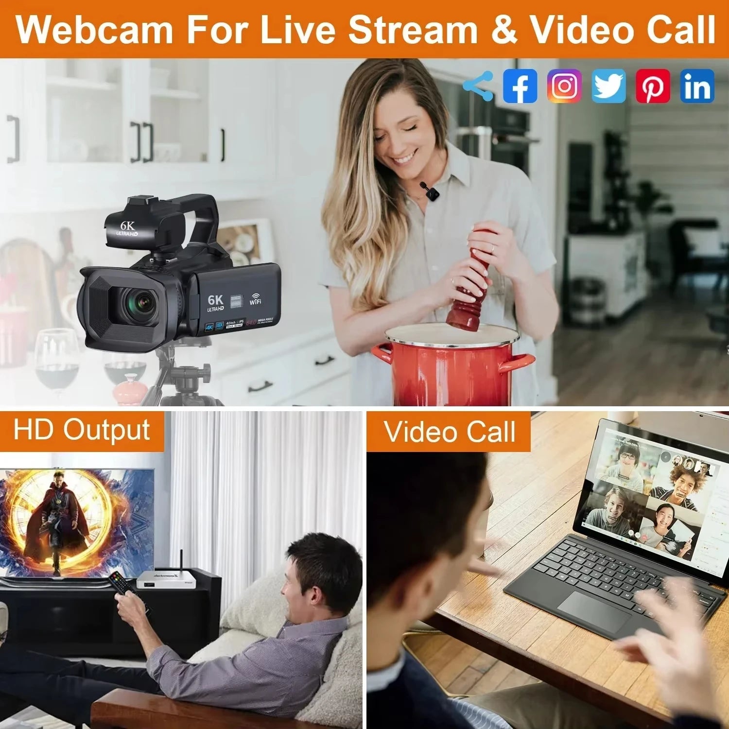 4K 60FPS Professional Camcorder for Photography 64MP WiFi Livestream Webcam Video Cameras 18X Digital Zoom YouTube Vlog Recorder